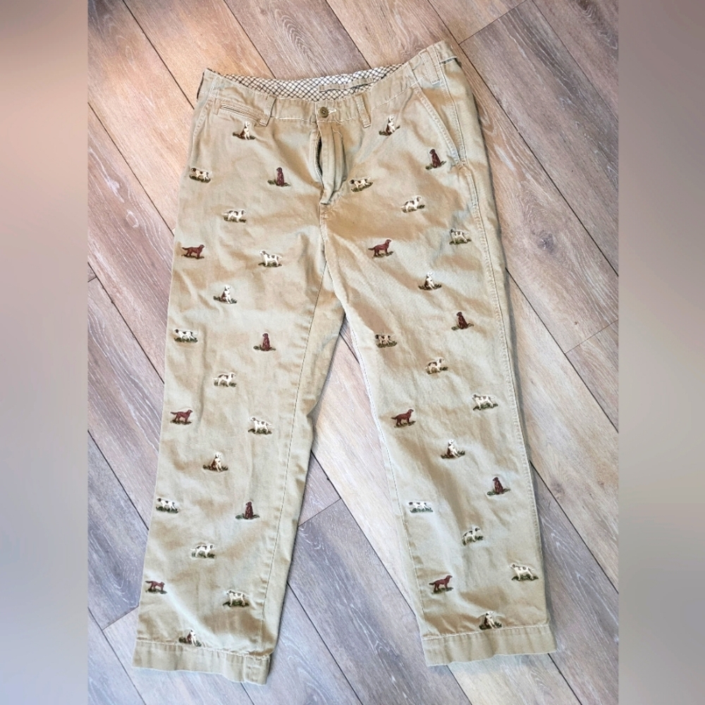 Mens vintage polo khaki with hunting dog pattern